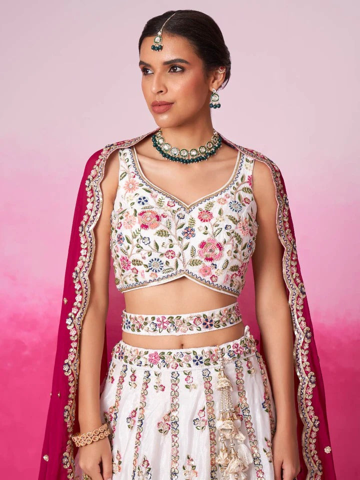 White Pure Georgette Sequins, Moti, Mirror and Thread Embroidered Semi Stitched Sky blue Lehenga