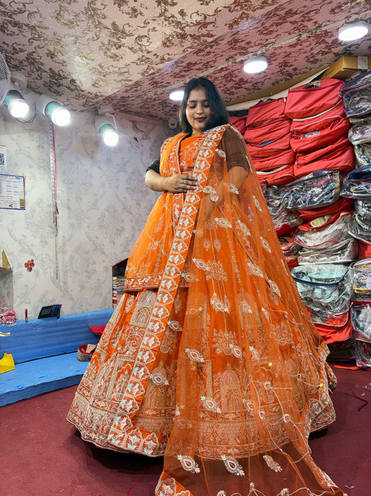 Lovely orange handwork peacock bridal Lehenga