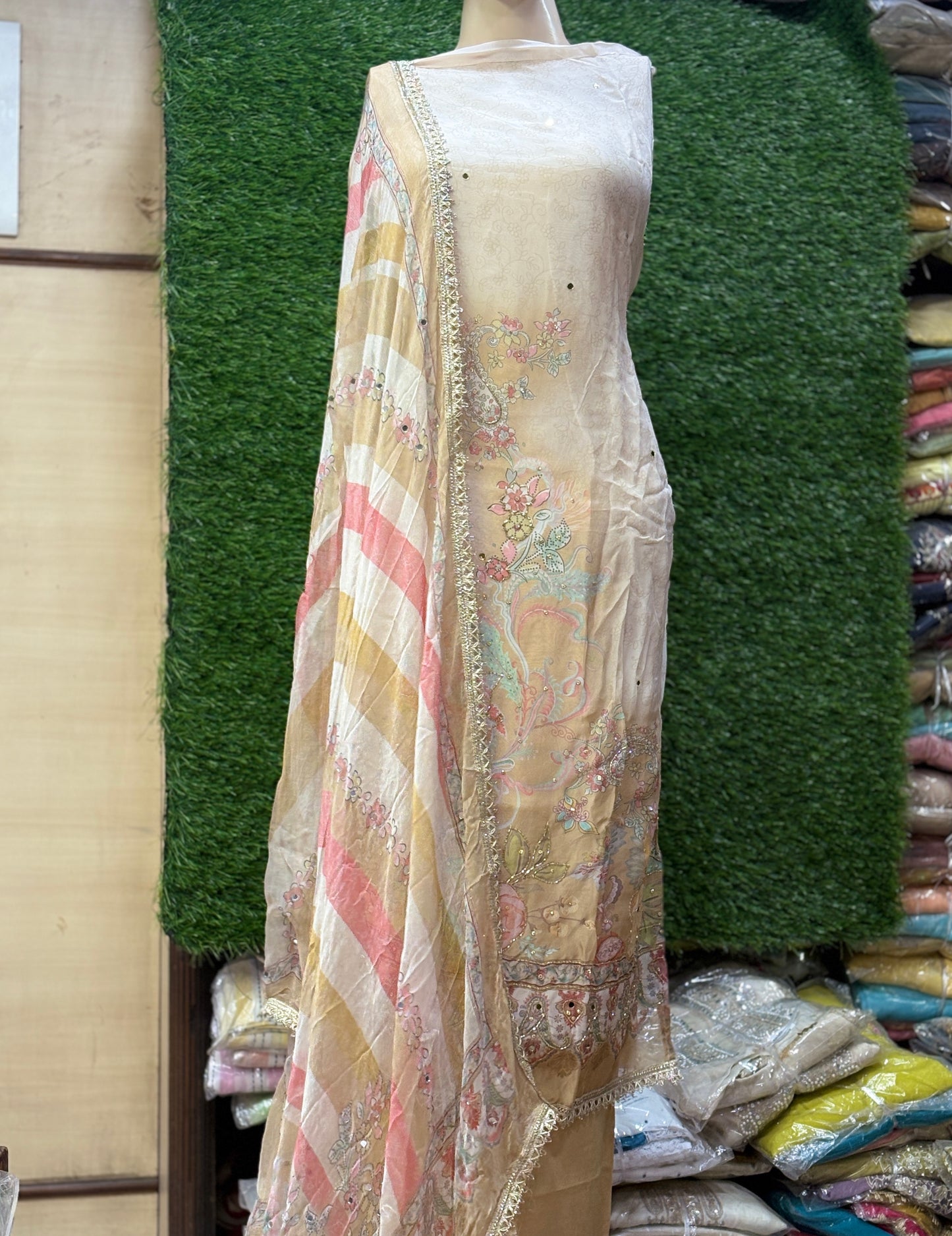 Good looking golden white unstitched salwar suit dress material(free size)