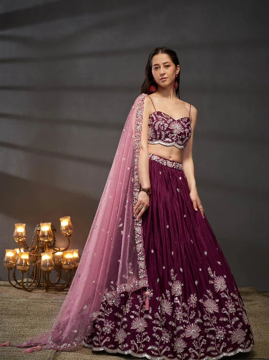 Silver-Golden Sequin,Thread & Coding Embroiderey Pure Chiffon Semi Stitched maroon Lehenga