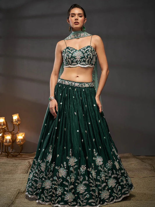 Silver-Golden Sequin,Thread & Coding Embroiderey Pure Chiffon Semi Stitched green Lehenga