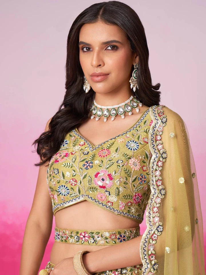 Bridal Net Sequins, Moti, Mirror and Thread Embroidered Semi-Stitched peach Lehenga