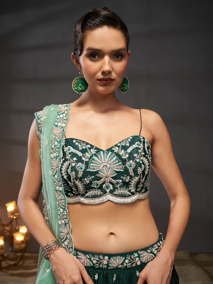 Silver-Golden Sequin,Thread & Coding Embroiderey Pure Chiffon Semi Stitched dark blue Lehenga