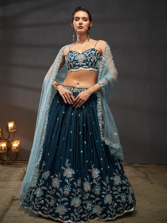 Silver-Golden Sequin,Thread & Coding Embroiderey Pure Chiffon Semi Stitched dark blue Lehenga