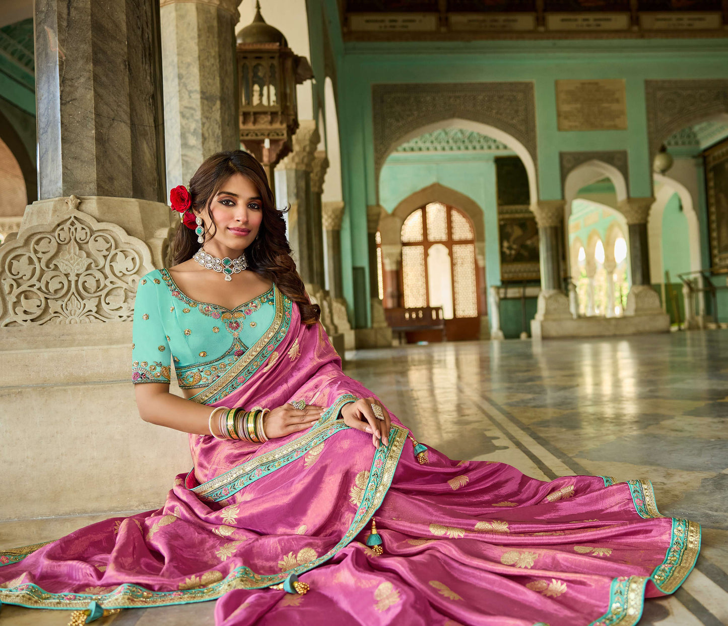 Pink Viscose Saree with bead work 6126