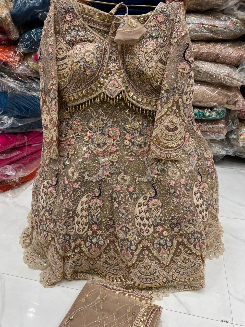 Pista Green Peacock Crop Top Lehenga