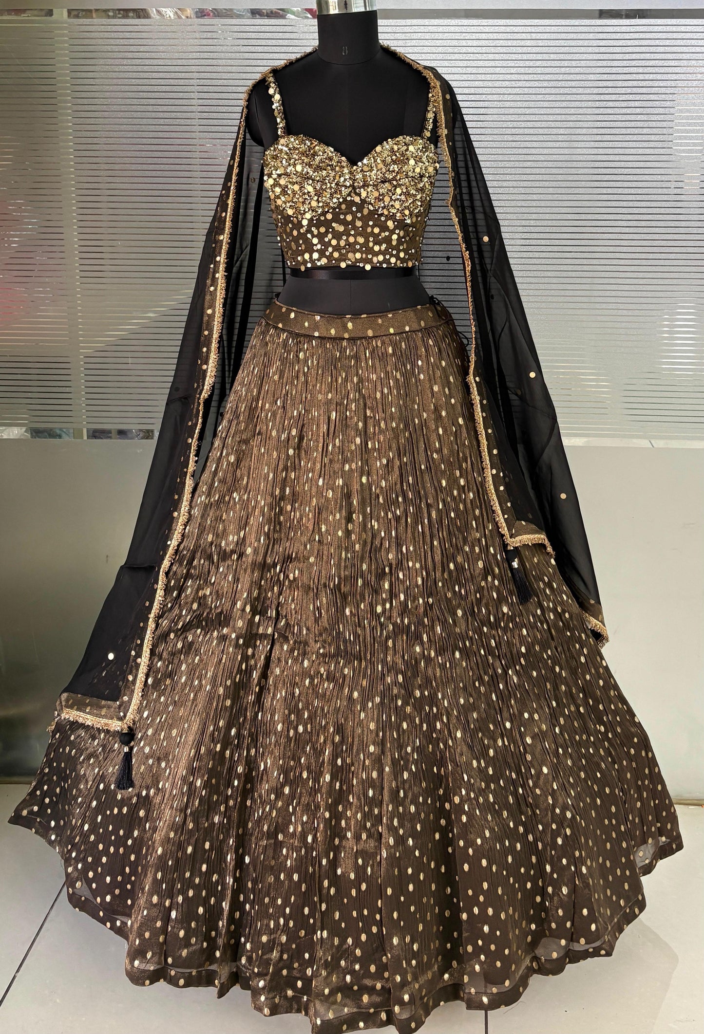 Brown Black Designer Crop Top Lehenga