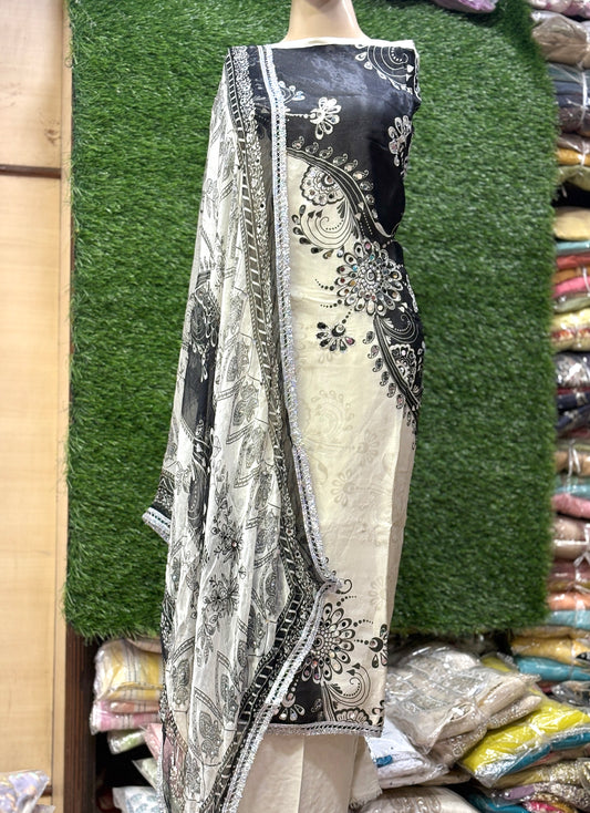 Engaging white black unstitched salwar suit dress material(free size)