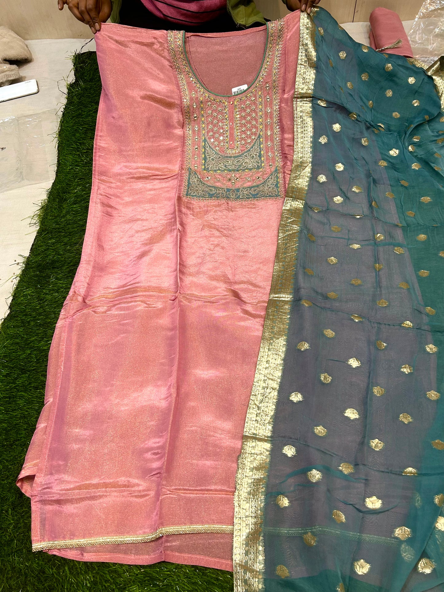 Majestic pink Unstitched suit ( free size )