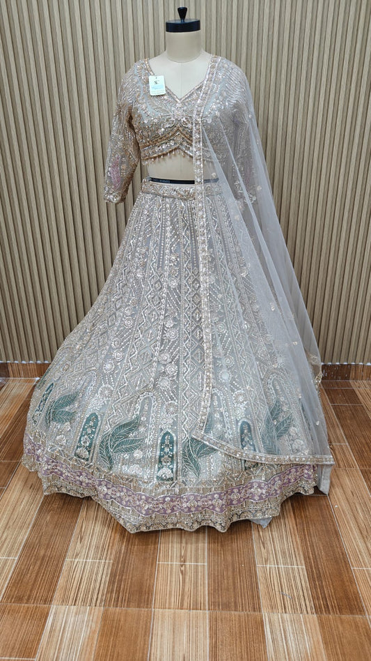 White Peacock Crop Top Lehenga