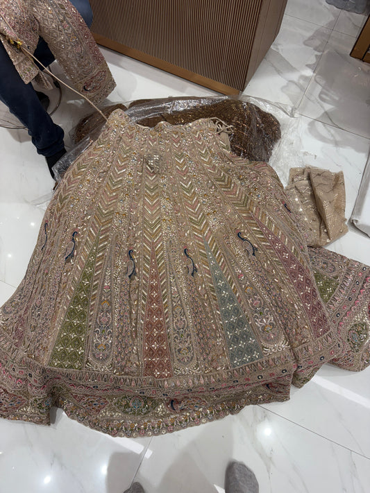 Glamorous Beige golden peacock Crop top Lehenga