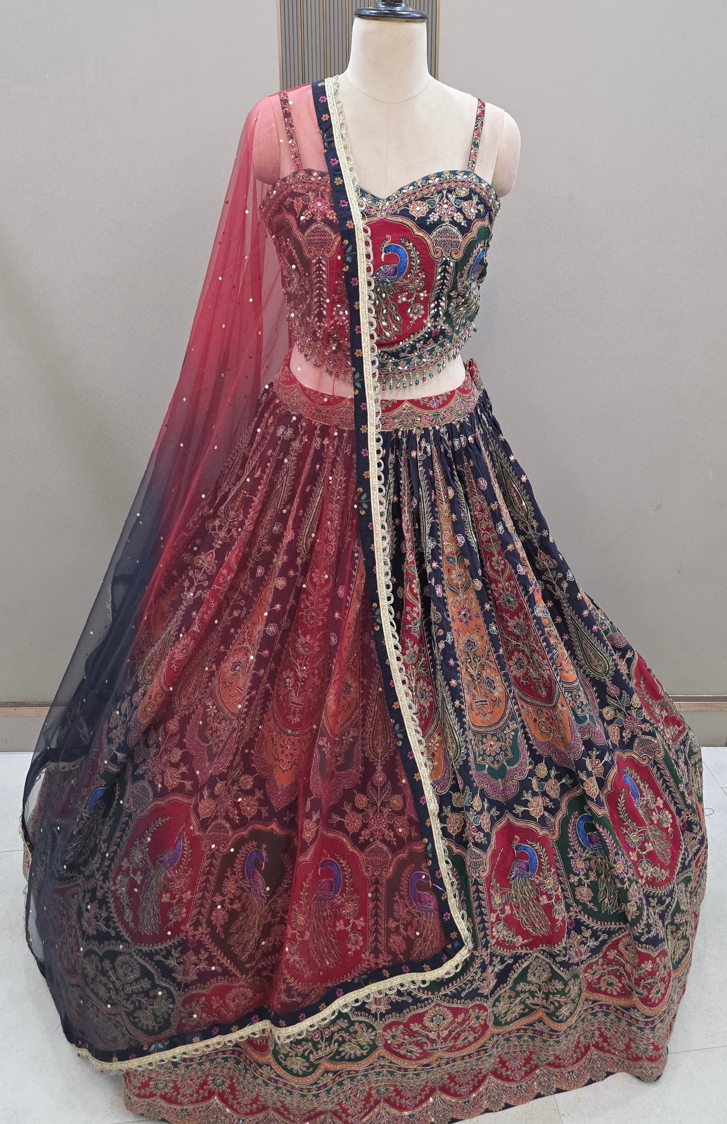 Pink green peacock Banarasi Crop Top Lehenga