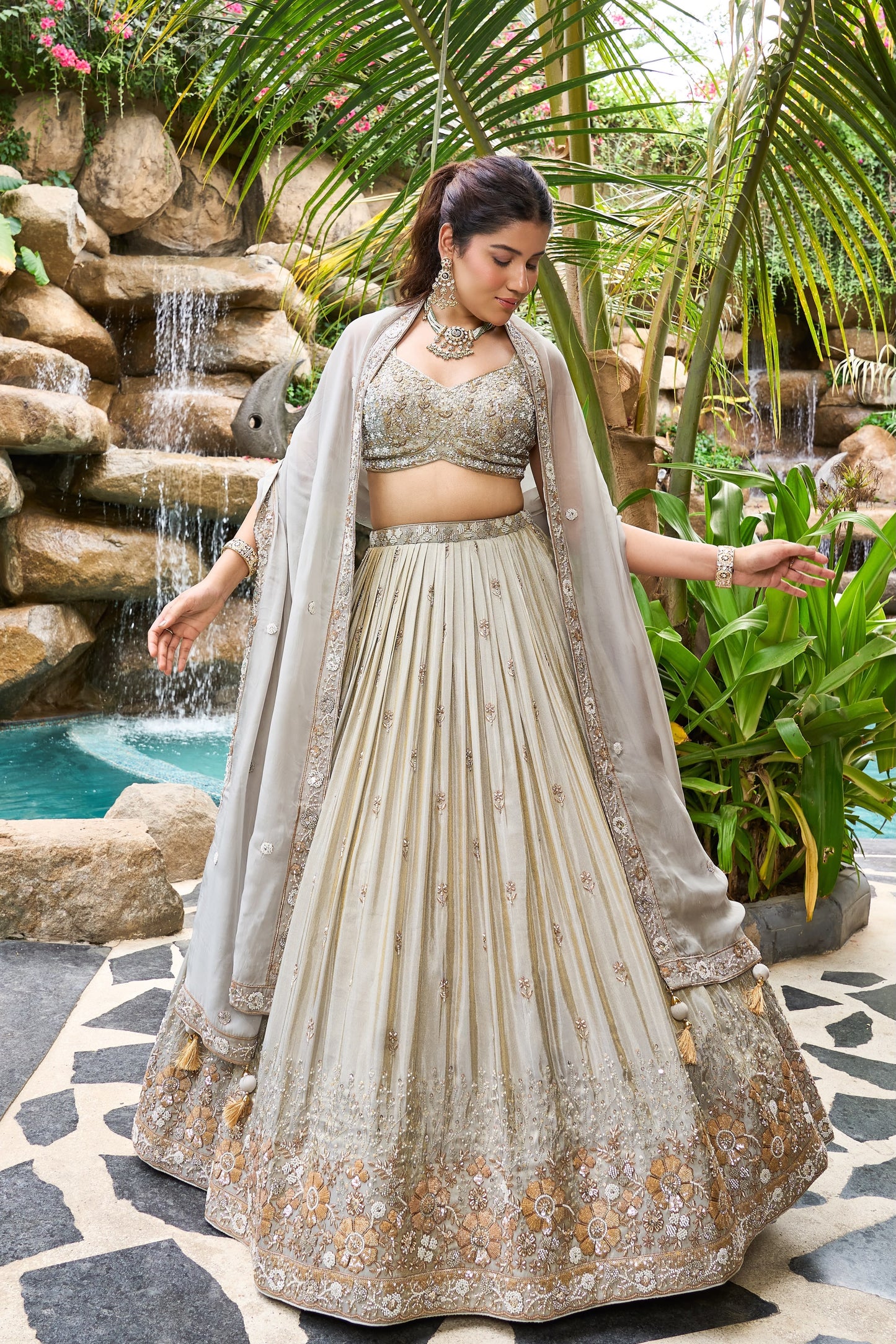 White Grey Designer Crop Top Lehenga