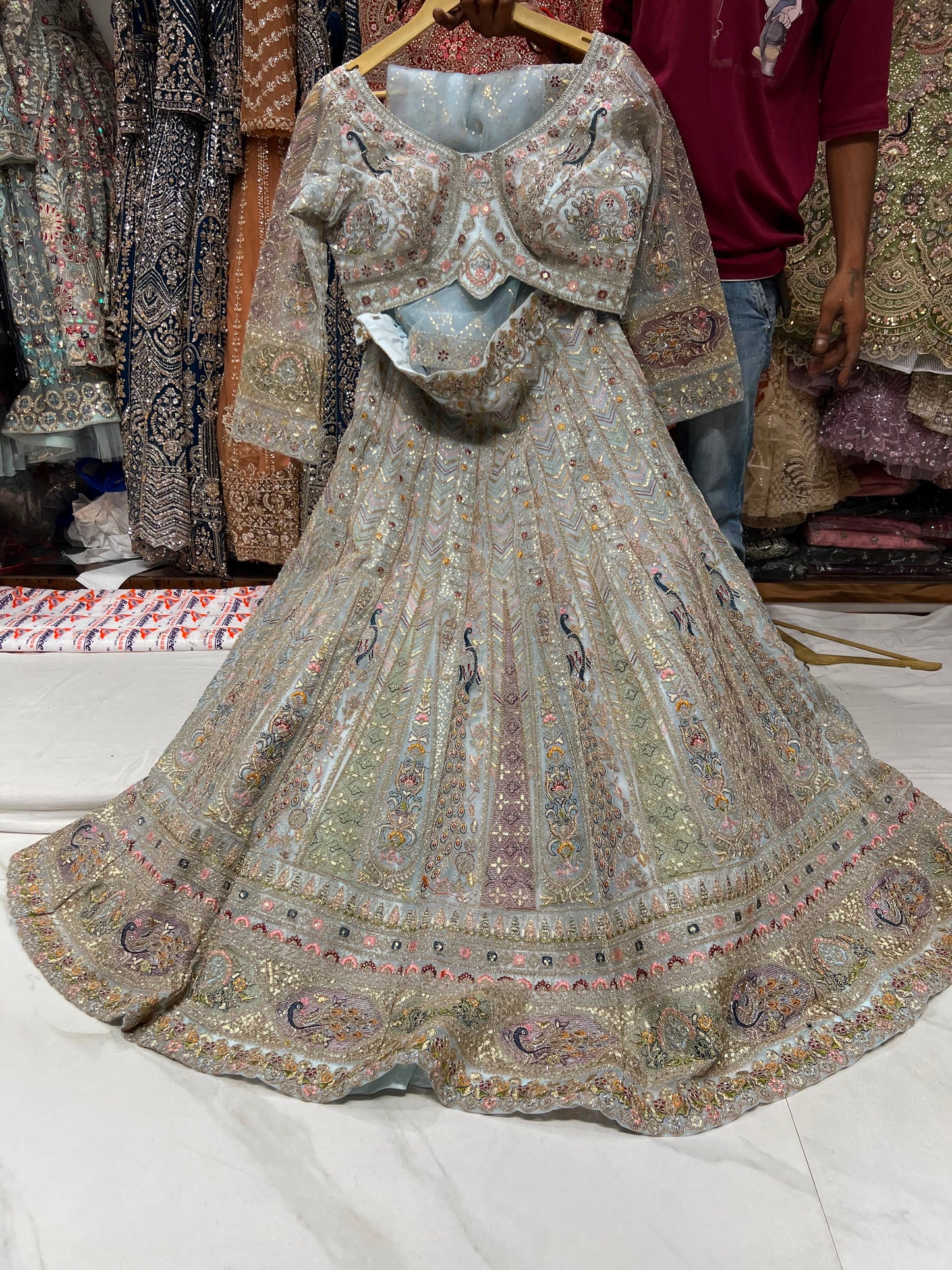 Pista Green Peacock Crop Top Lehenga