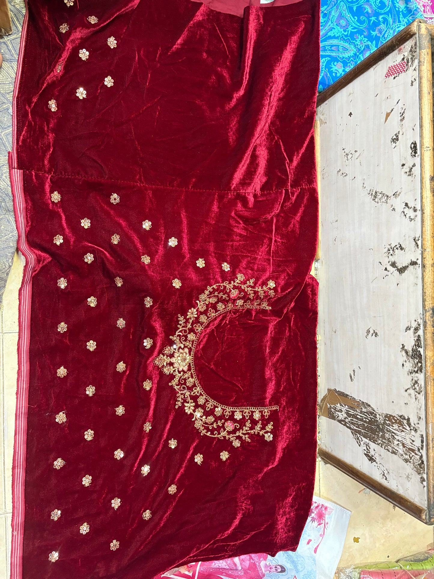 Attractive Maroon Double Dupatta Velvet Bridal Lehenga