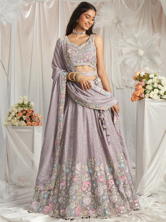 Multi-Color Thread,Sequin Heavy Embroidered Pastel Color Chiffon Semi Stitched lavender Lehenga