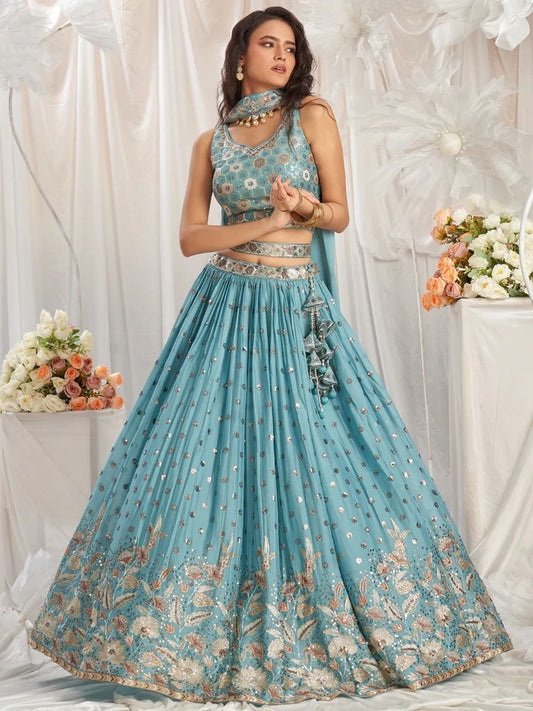 Bright Sequence Golden-Sliver Threaded Embroidered Georgette sky blue Lehenga