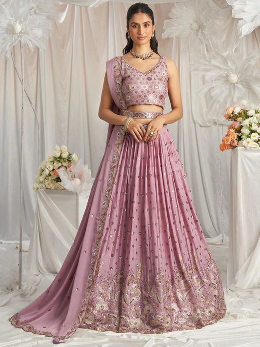 Bright Sequin,Golden-Sliver Threaded Embroidered Georgette pink Lehenga