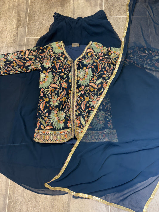 Eye catching navy blue shrug Long top Dress Lehenga