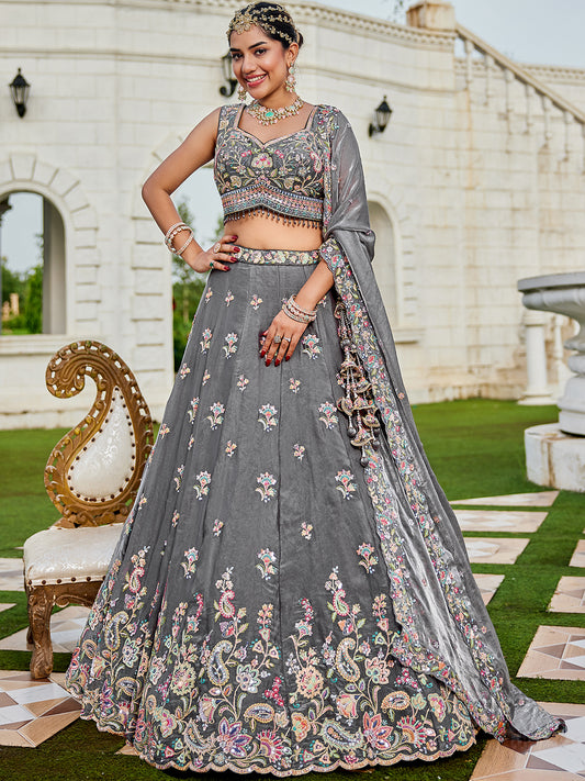 Grey- Tissue Fabric Sequins Embroidered Ready to Wear crop top lehenga Choli & Dupatta