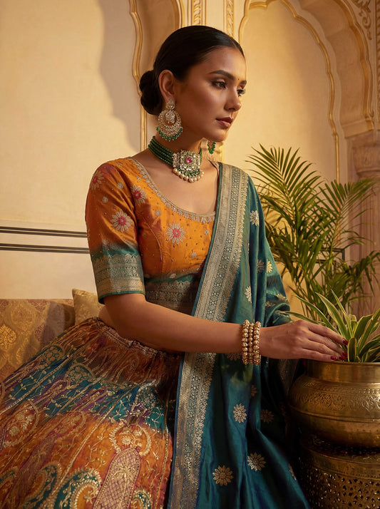 Premium Blue & Yellow Banarasi Silk Fabric Lehenga 1272 - Shopping World