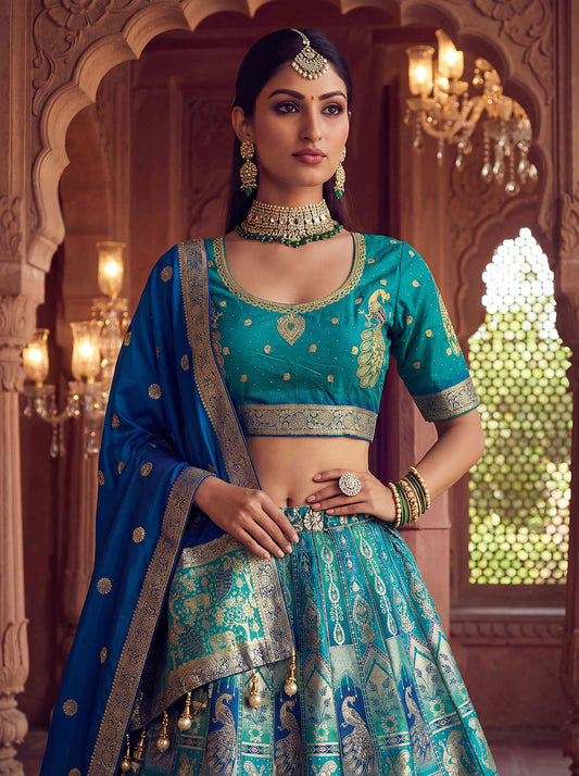 Premium Blue Banarasi Silk Fabric Lehenga 1273 - Shopping World