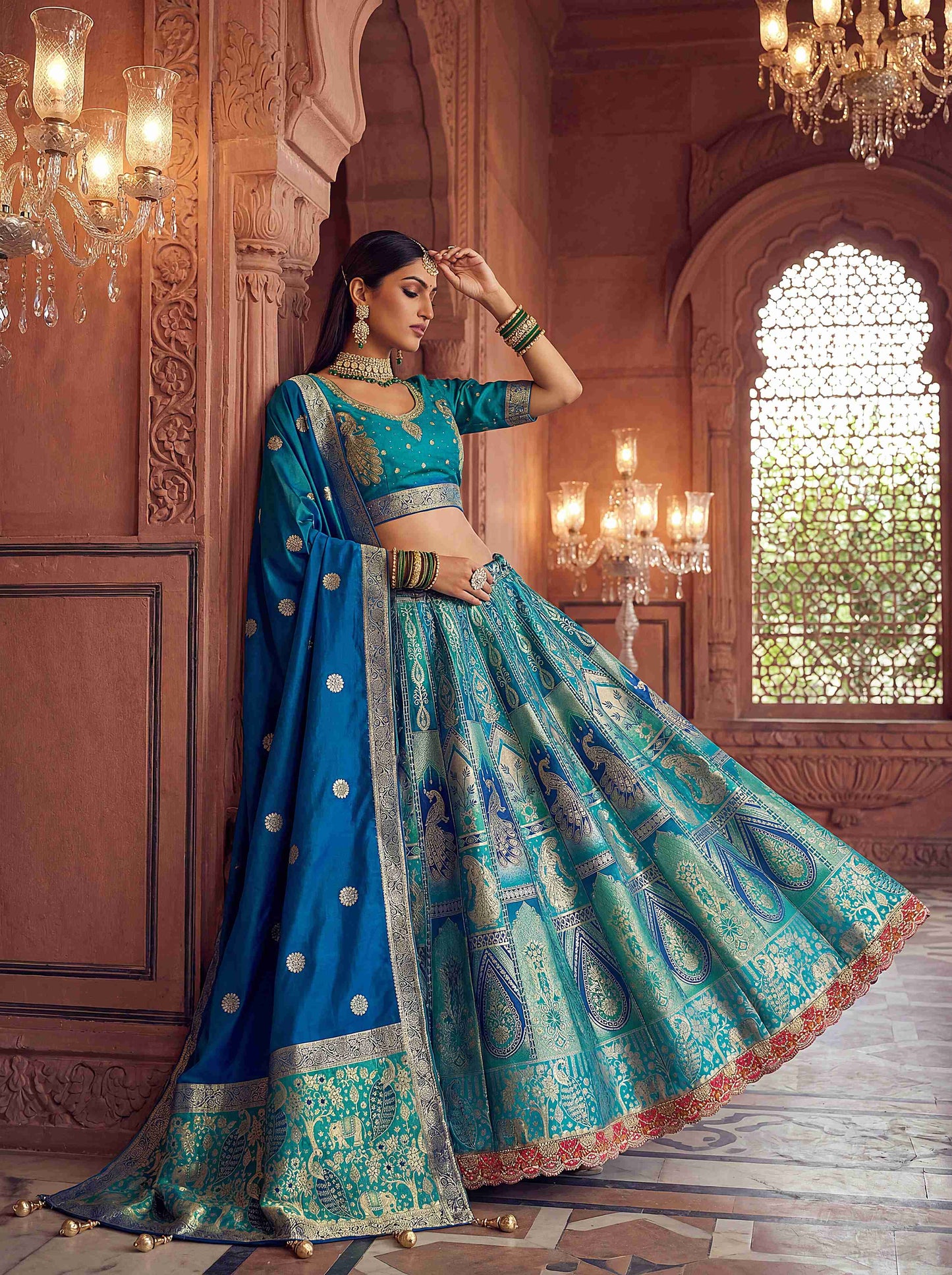 Premium Blue Banarasi Silk Fabric Lehenga 1273 - Shopping World