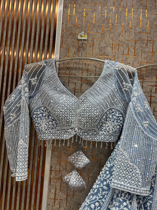 Sky Blue White Double Shade Crop Top Lehenga