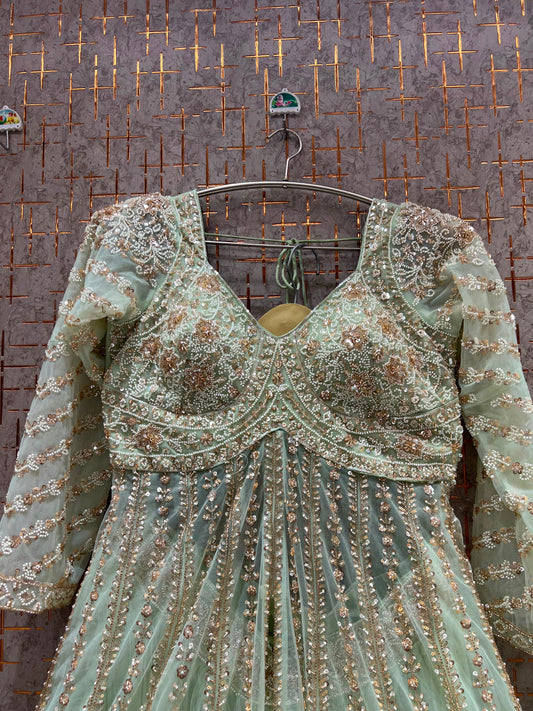 Pista Green Long Farshi Garara Indo Western Dress