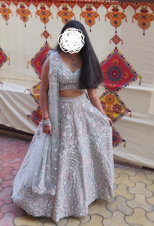 Designer cream pink girlish lehenga Sequins embroidery net fabric