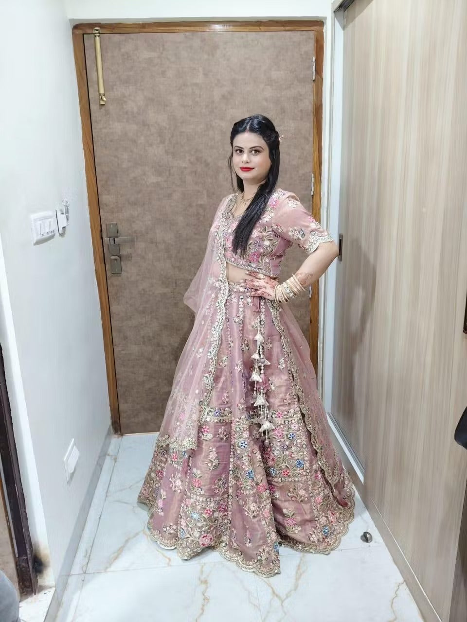 Bridal Net Sequins, Moti, Mirror and Thread Embroidered Semi-Stitched Golden yellow Lehenga