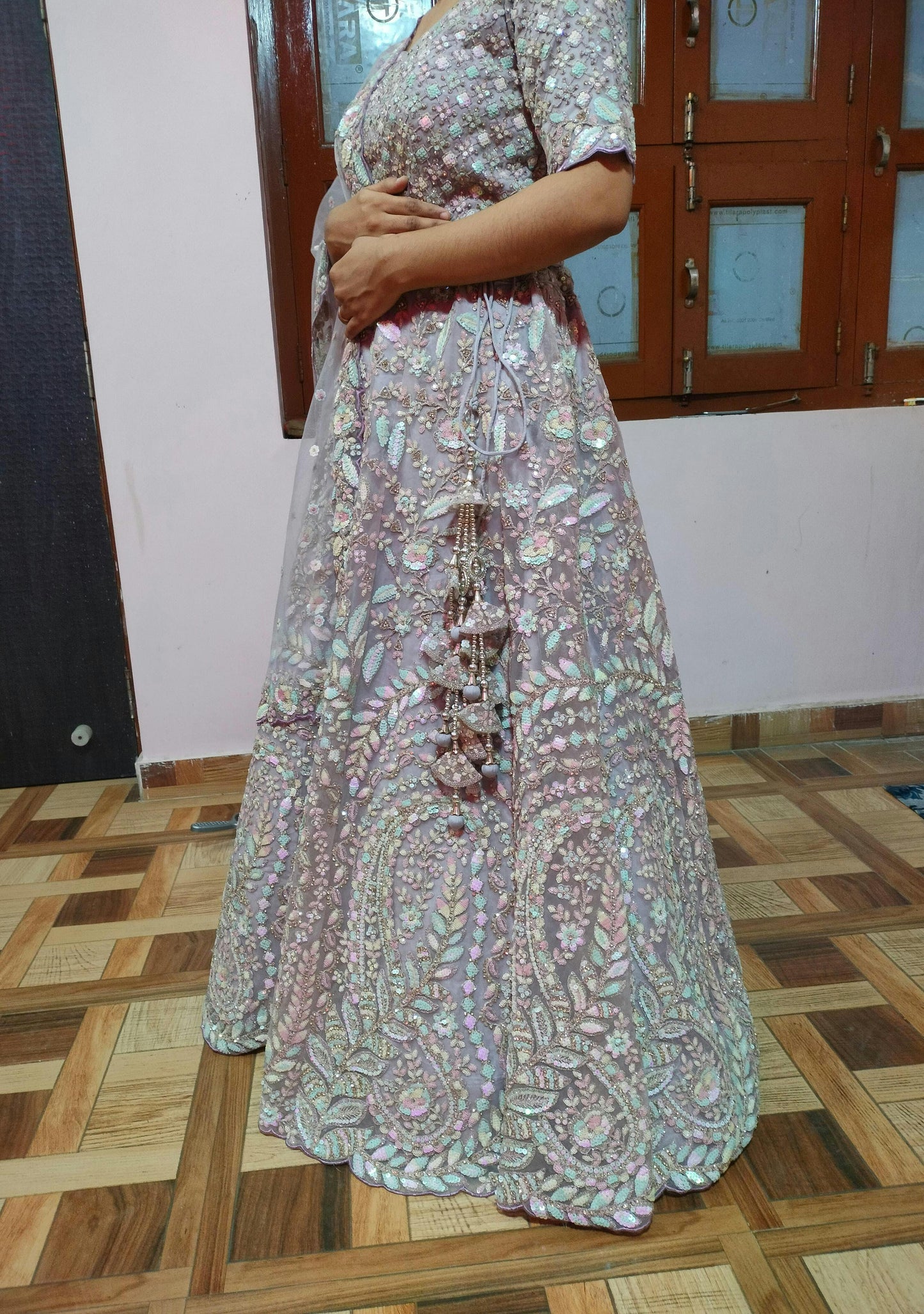 Designer pink mauve girlish lehenga Sequins embroidery net fabric