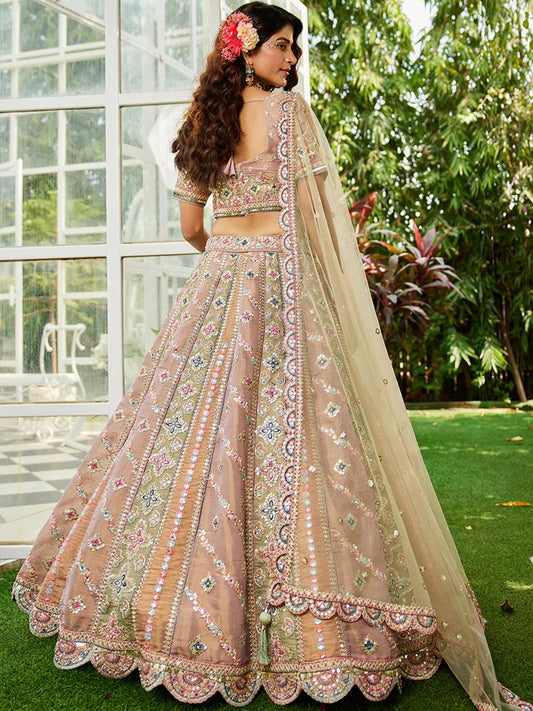PDP Satin Sequinse embroidery Semi-Stitched Lavender mutli color Mehendi Green Lehenga choli
