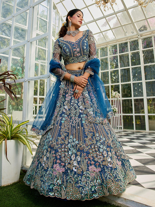 Blue Net Heavy Embroidered Multi-Color Sequins Zarkan Mirror Work Lehenga