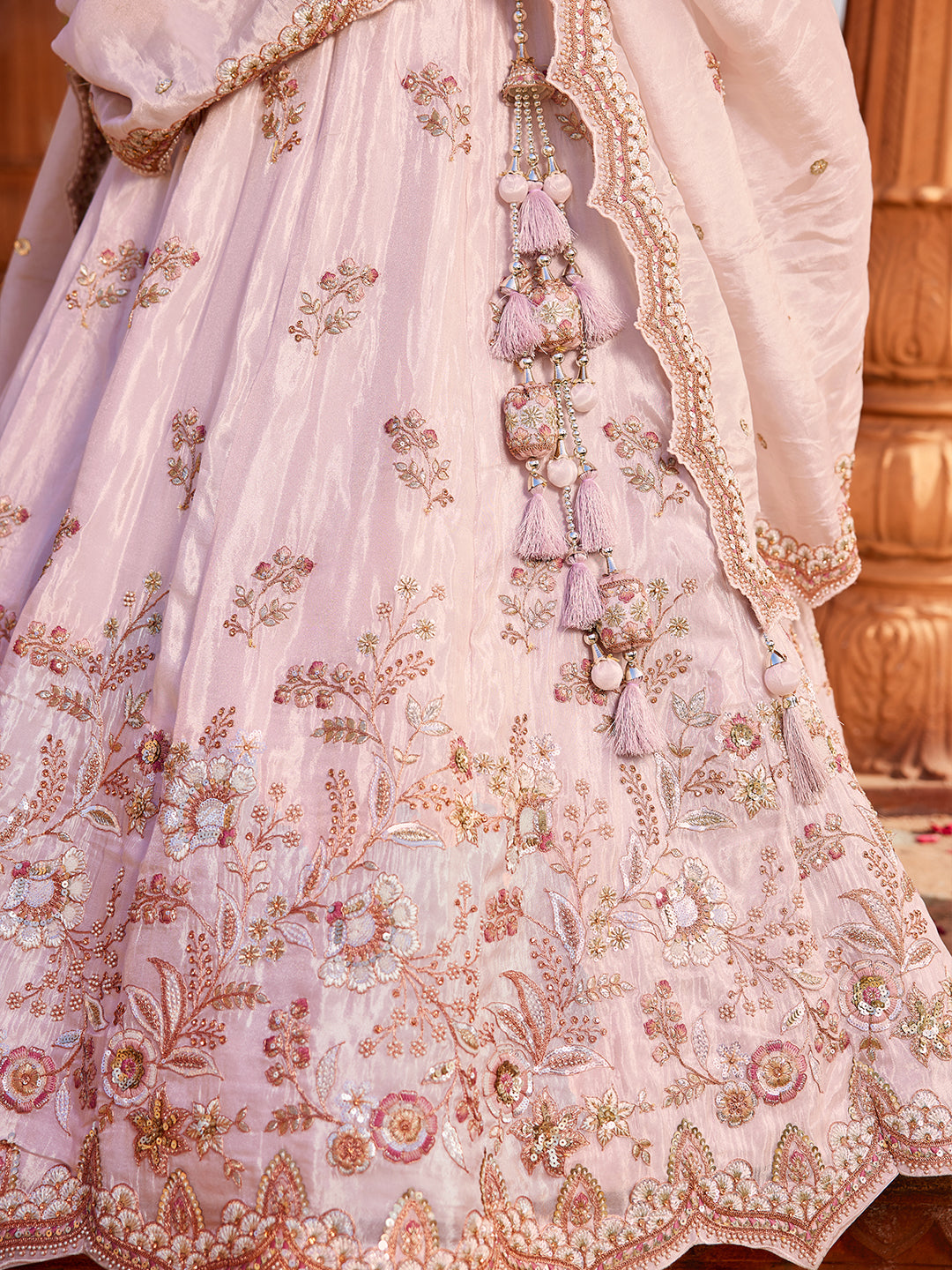 Gorgeous coral pink Tissue Fabric Sequins embroiderylehenga