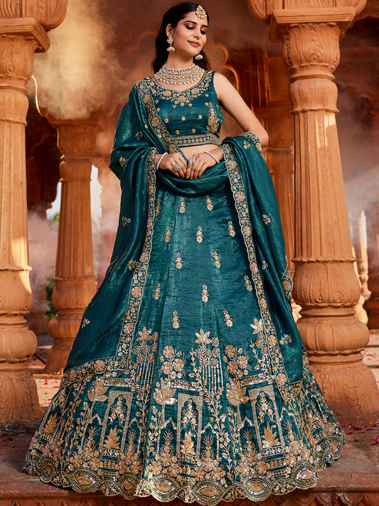 Astonishing dark green lehenga Tissue Fabric Handwork cutdana embroidery