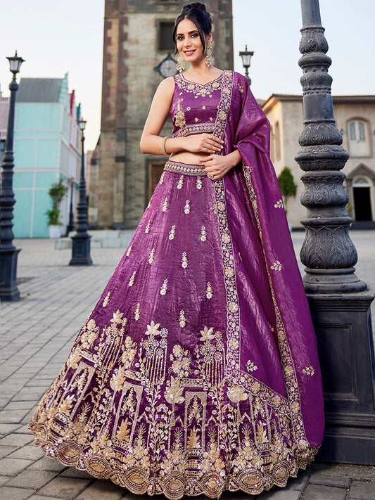 Khoobsurat onion purple pink lehenga Tissue Fabric Handwork cutdana embroidery