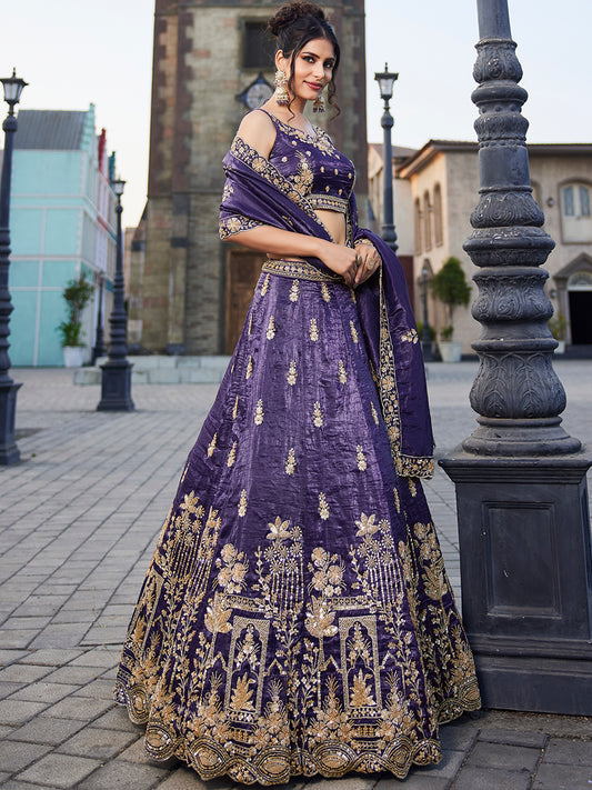 Pleasing purple lehenga Tissue Fabric Handwork cutdana embroidery