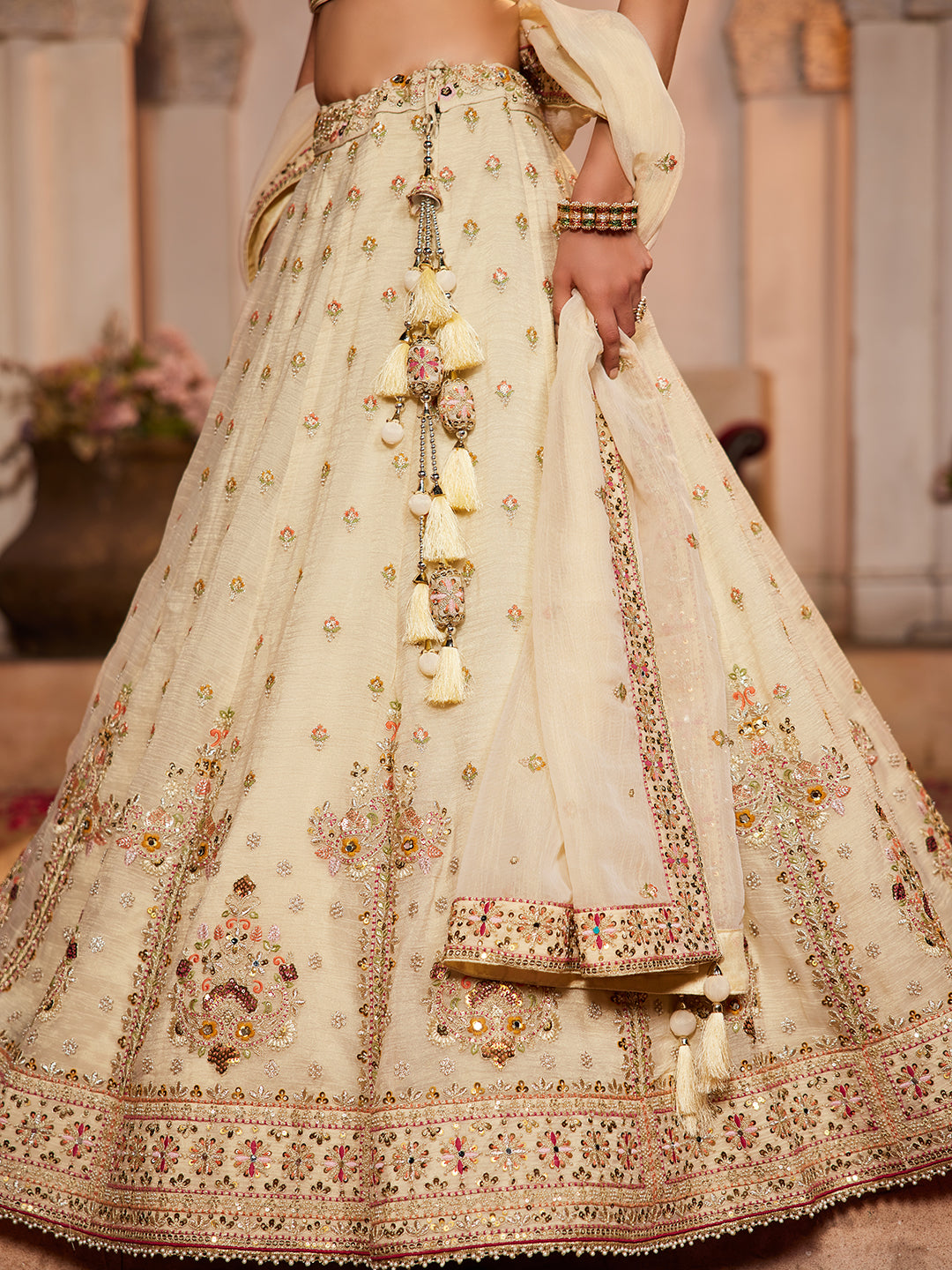 Lavishing cream off white lehenga Tissue Fabric Sequins embroidery