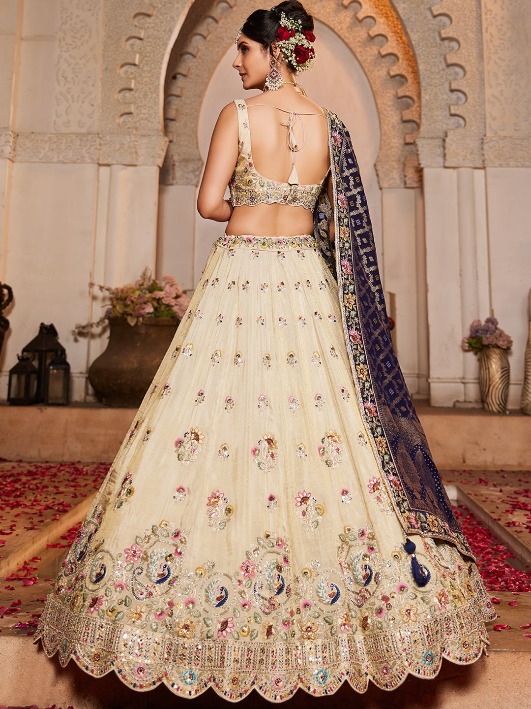 Pretty ivory white peacock cream pastel shade purple lehenga