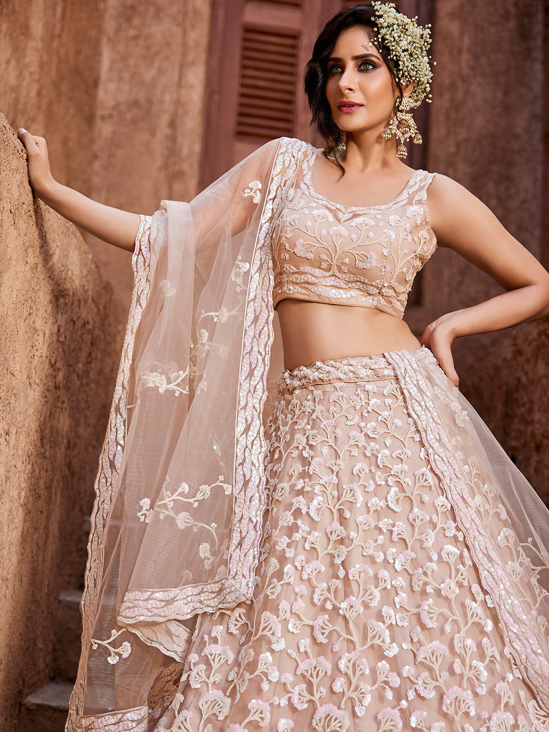 Majestic baby pink floral lehenga
