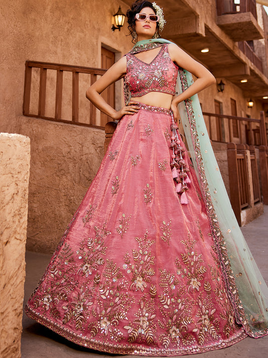 Good looking pink lehenga Tissue Fabric Sequins embroidery