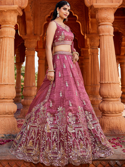 Designer pink lehenga Tissue Fabric Handwork cutdana embroidery