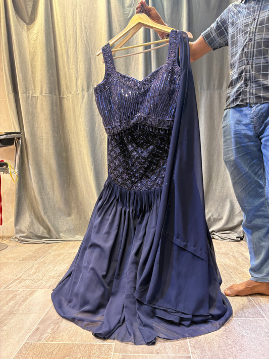 Astonishing navy blue long Dress Lehenga