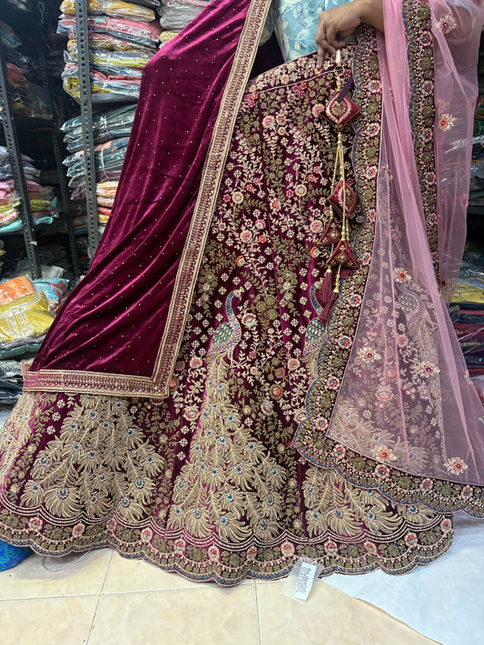 Rani Pink Lehenga peacock velvet fabric - Shopping World