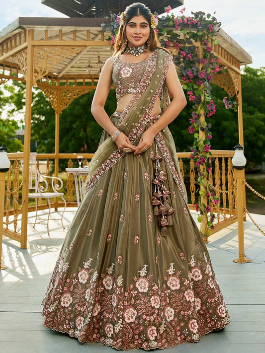 PDP Satin Sequinse embroidery Semi-Stitched Mehendi Green Lehenga choli & Dupatta