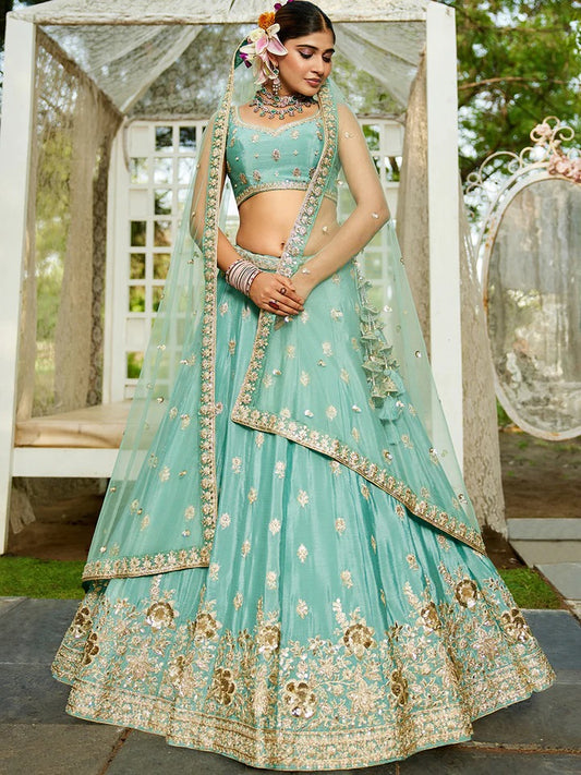 Chinnon Sequinse embroidery Semi-Stitched sky blue Lehenga choli & Dupatta