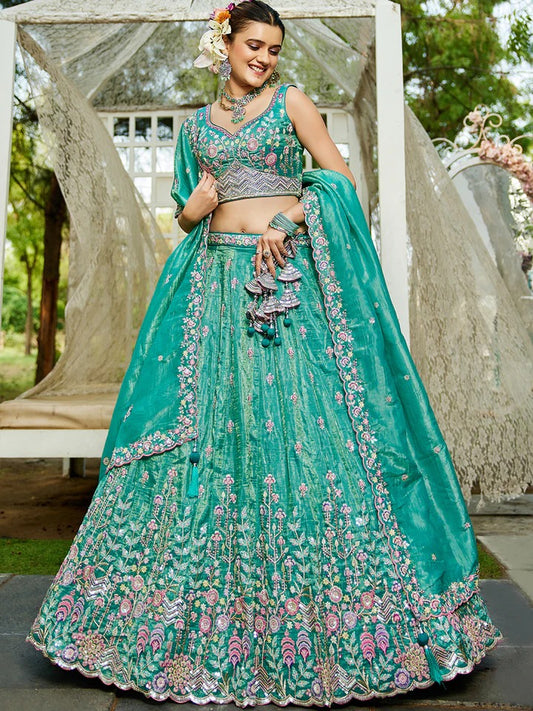 Tissue PDP Sequinse embroidery Semi-Stitched Green Lehenga choli & Dupatta
