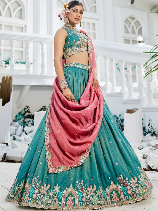 Satin Sequinse embroidery Semi-Stitched Lehenga choli & Dupatta Rama green Lehenga