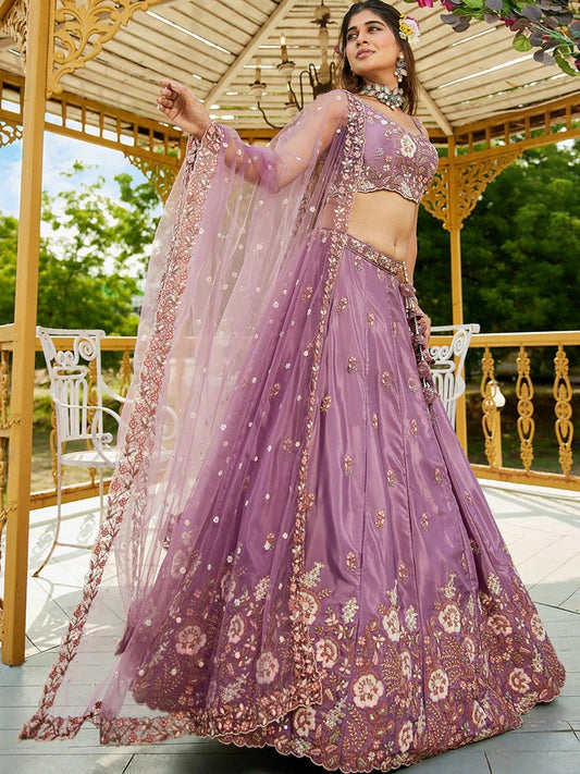 PDP Satin Sequinse embroidery Semi-Stitched pink Lehenga choli & Dupatta